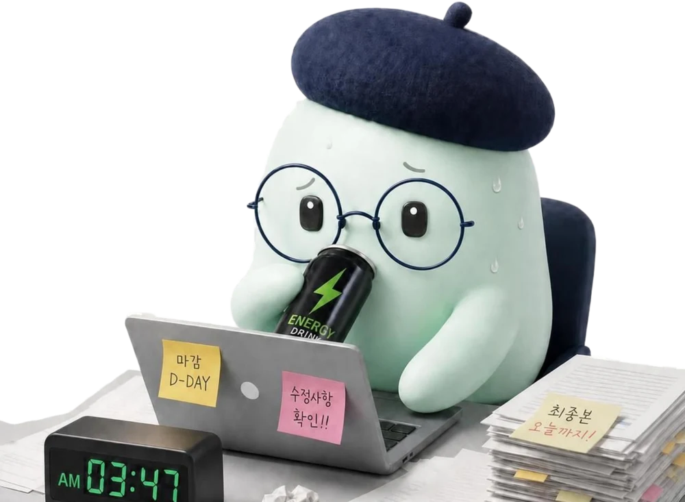 The mascot at a desk before dawn, the night before a deadline